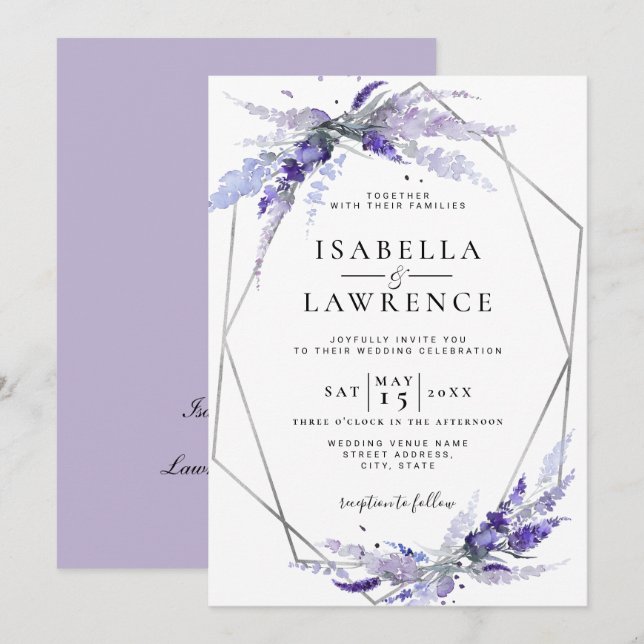 Lavender Flowers Purple Floral Silver Wedding Invitation (Front/Back)