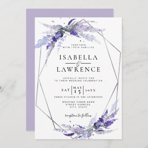 Lavender Flowers Purple Floral Silver Wedding Invitation