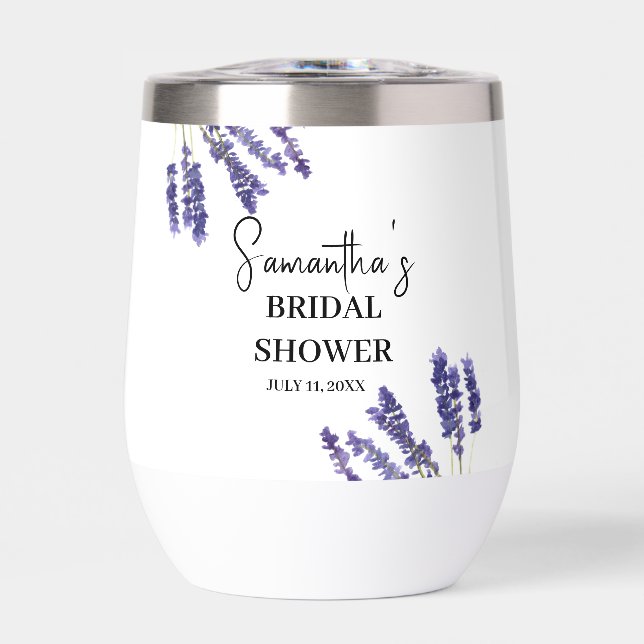 Lavender flowers Purple Watercolor Bridal Shower Thermal Wine Tumbler (Front)