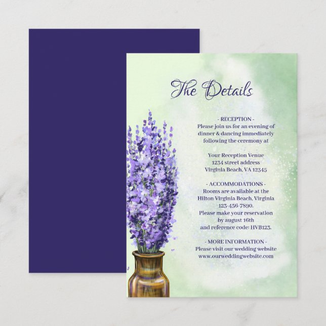 Lavender Flowers Sage Green Floral Wedding Details Enclosure Card (Front/Back)