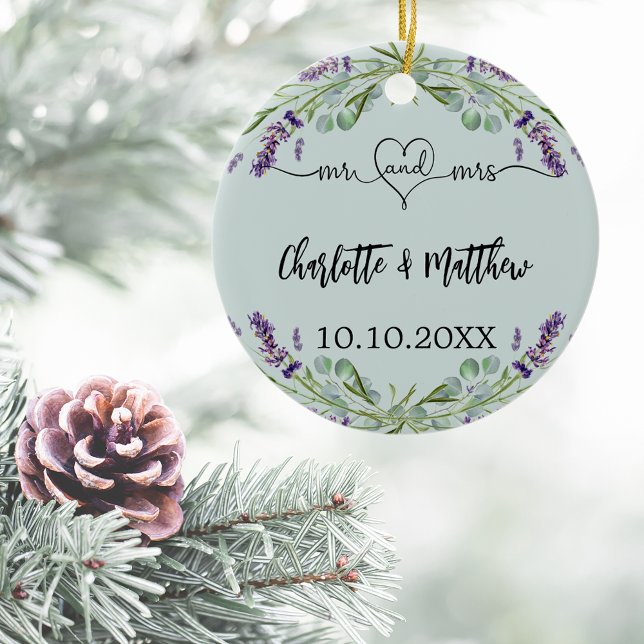 Lavender flowers sage green mr mrs newly weds ceramic ornament (Creator Uploaded)