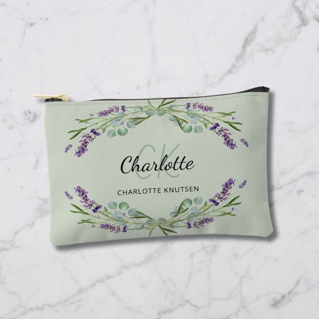 Lavender flowers sage green name monogram accessory pouch (Creator Uploaded)