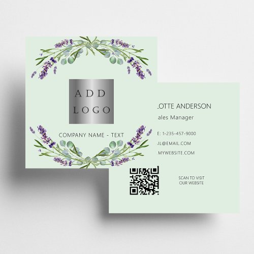 Lavender flowers violet green logo QR code Square Business Card