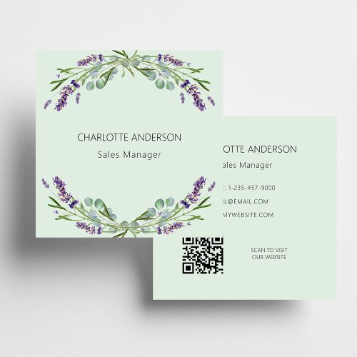 Lavender flowers violet green QR code Square Business Card