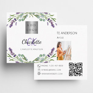 Lavender flowers violet monogram logo photo QR Square Business Card