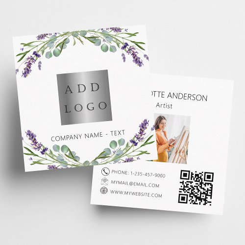 Lavender flowers violet photo logo QR code Square Business Card