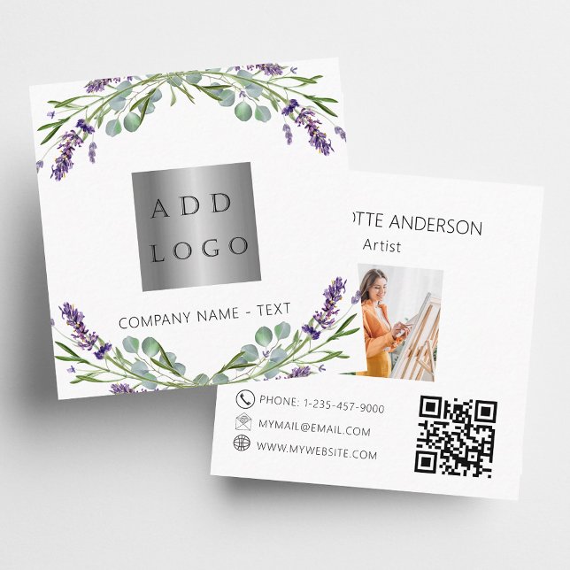 Lavender flowers violet photo logo QR code Square Business Card (Creator Uploaded)