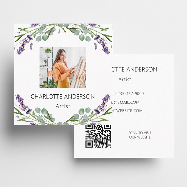 Lavender flowers violet photo QR code Square Business Card (Creator Uploaded)