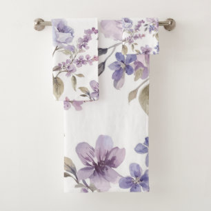 Lavender Flowers Watercolor Purple Botanical Bath Towel Set