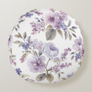 Lavender Flowers Watercolor Purple Botanical Round Pillow