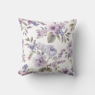 Lavender Flowers Watercolor Purple Botanical Throw Pillow
