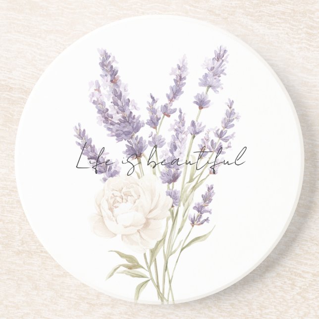 Lavender Flowers White Rose Coaster (Front)