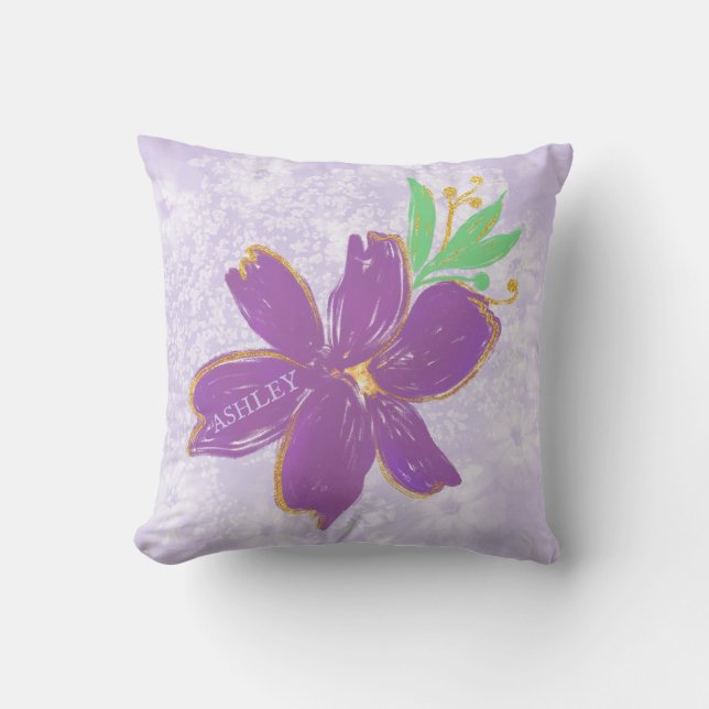 Lavender Flowers With Gold Border Throw Pillow (Front)