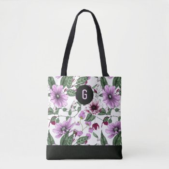 Lavender Flowers With Green Leaves Custom Monogram Tote Bag by artOnWear at Zazzle