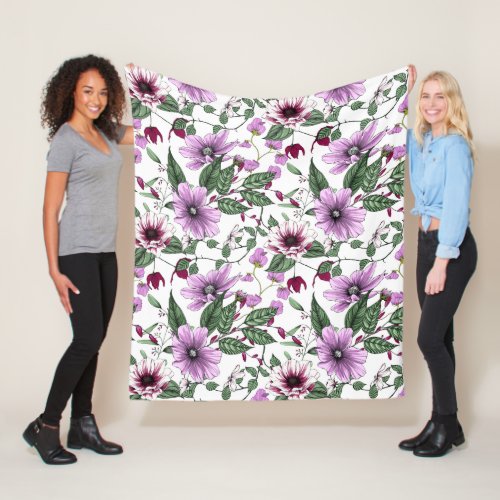 Lavender flowers with green leaves pattern fleece blanket