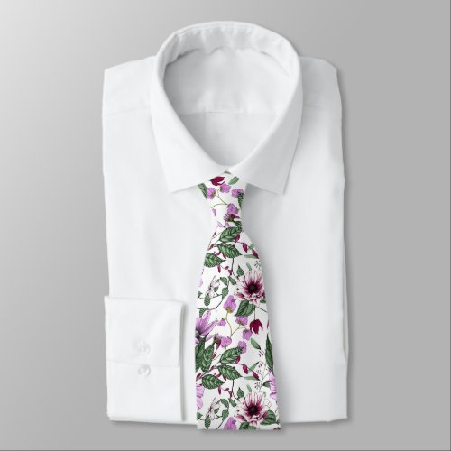 Lavender flowers with green leaves pattern neck tie