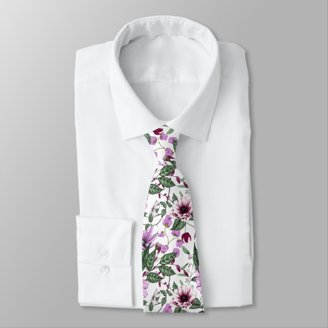 Lavender flowers with green leaves pattern neck tie (Tied)