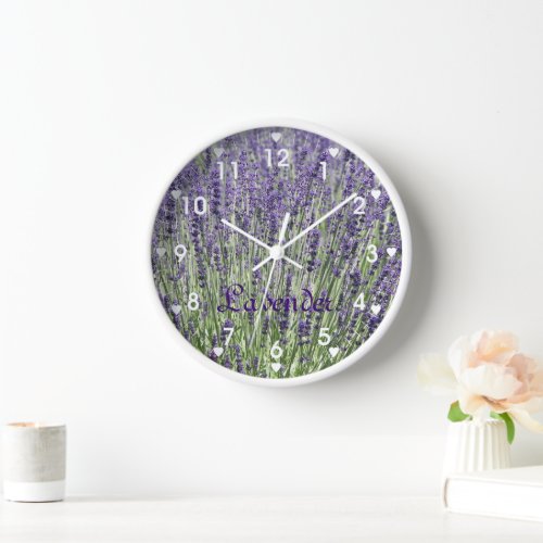 Lavender Flowers with Heart Symbols Floral Wall Clock