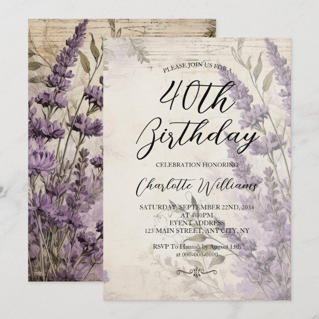 Lavender Flowers Women 40th Birthday Invitation (Front/Back)