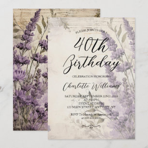 Lavender Flowers Women 40th Birthday Invitation