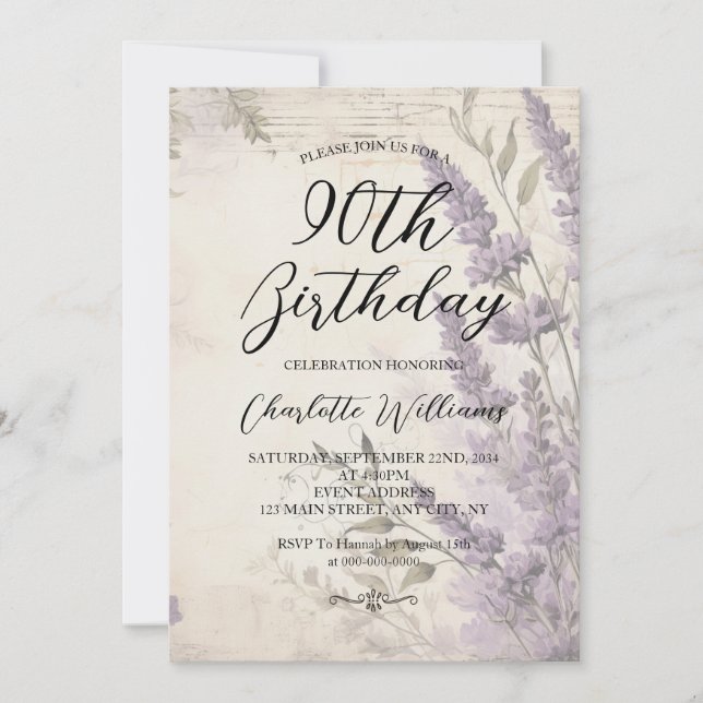 Lavender Flowers Women 90th Birthday Invitation (Front)