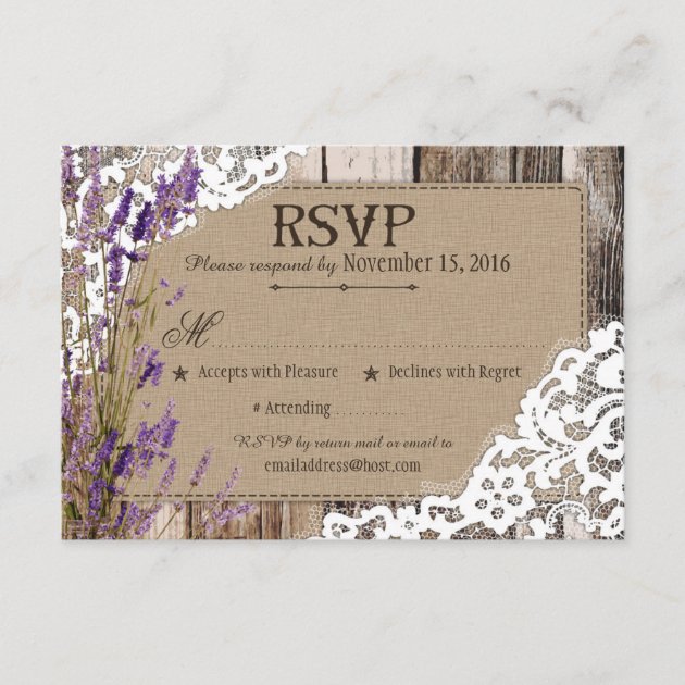 Lavender Flowers Wood Lace Rustic RSVP Card