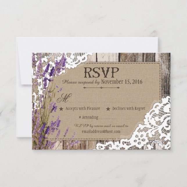 Lavender Flowers Wood Lace Rustic RSVP Card (Front)