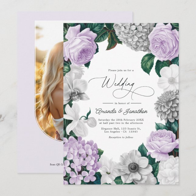 Lavender Fog, Heather Gray & Winter White Wedding Invitation (Front/Back)
