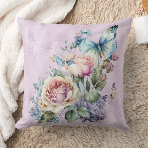 Lavender Foil and Purple Pink Peonies Butterfly Throw Pillow