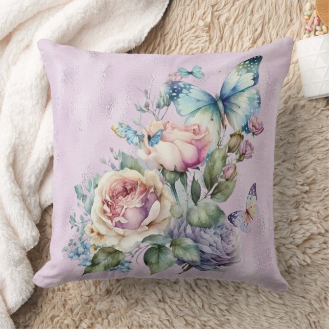 Lavender Foil and Purple Pink Peonies Butterfly Throw Pillow (Blanket)