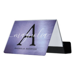Lavender Foil Monogram  Desk Business Card Holder