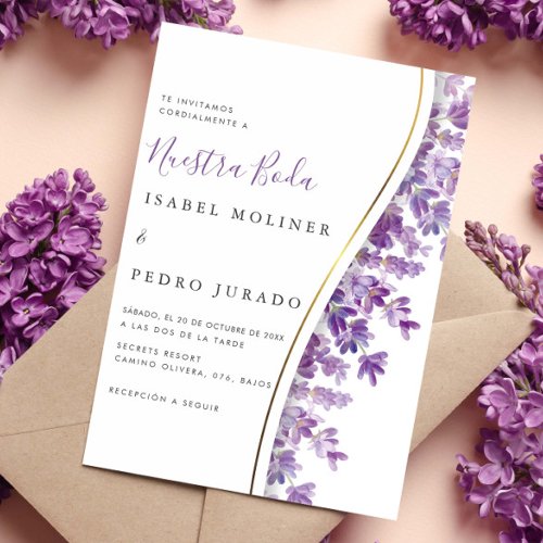 Lavender Foliage Nuestra Boda Spanish Wedding Invitation