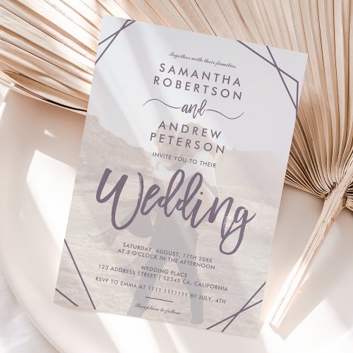 Lavender frame simple photo script wedding invitation