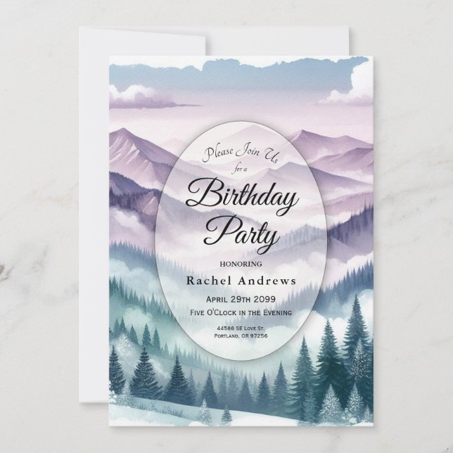 Lavender Frost in the Alpine Mist Birthday Party Invitation (Front)
