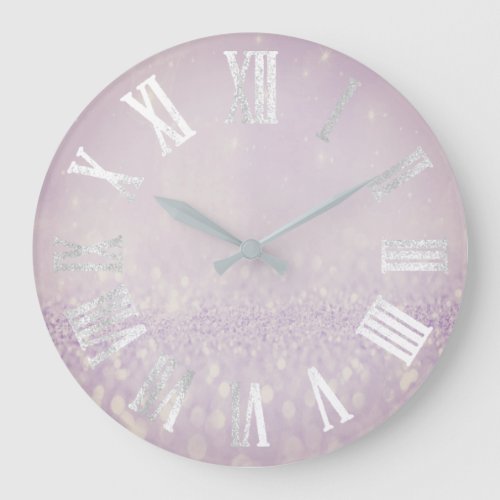 Lavender Frozen Silver Glitter Metal Roman Numers Large Clock