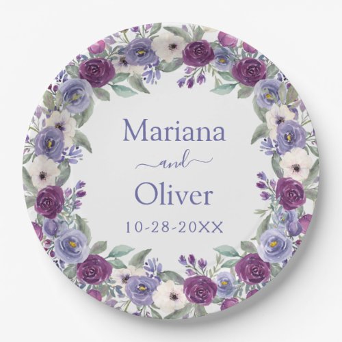 Lavender Fuchsia Blush Watercolor Floral Wedding Paper Plates