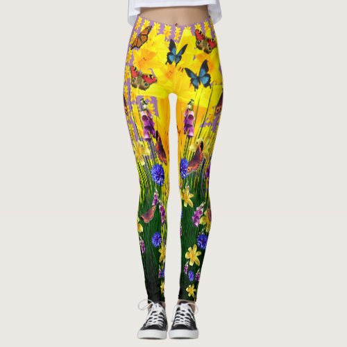 Lavender Fun Butterfly Springtime Flowers Leggings