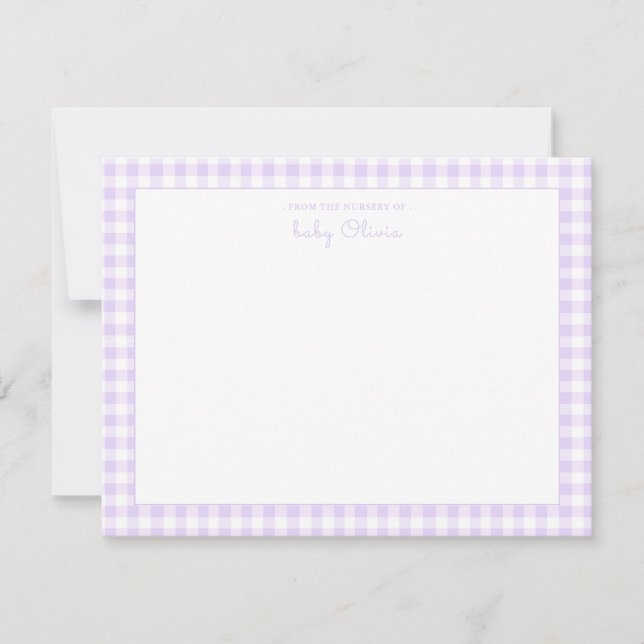 Lavender Gingham check Baby Girl Flat Thank You Card (Front)