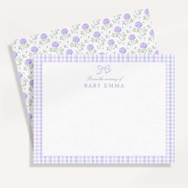 Lavender Gingham & Floral Baby Note Card  (Creator Uploaded)