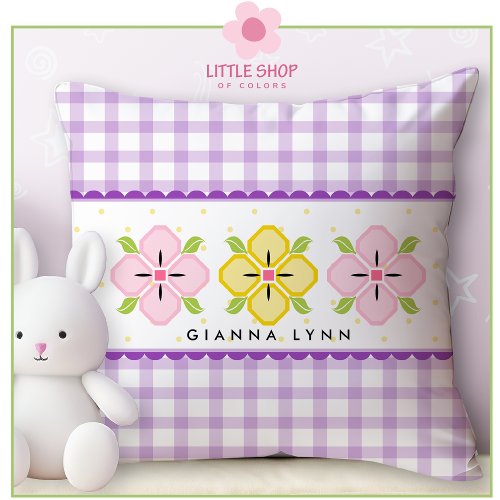 Lavender Gingham Floral Monogram Throw Pillow