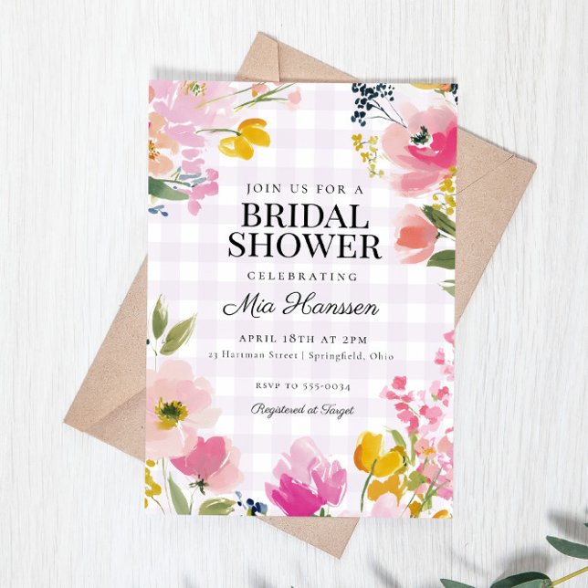 Lavender Gingham Spring Floral Bridal Shower Invitation (Creator Uploaded)