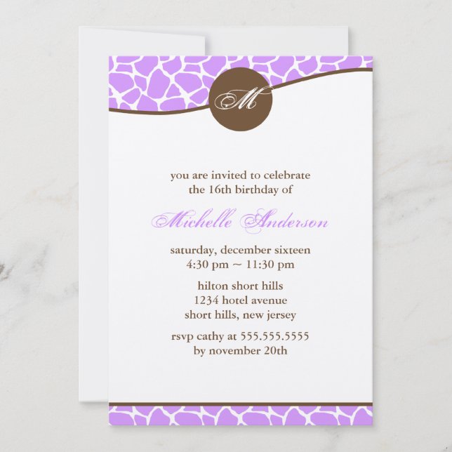 Lavender Giraffe Pattern Birthday Invitation (Front)