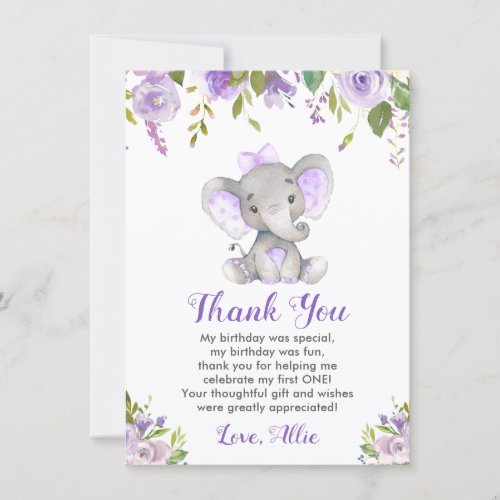 Lavender Girl 1st First Birthday Elephant Purple Thank You Card