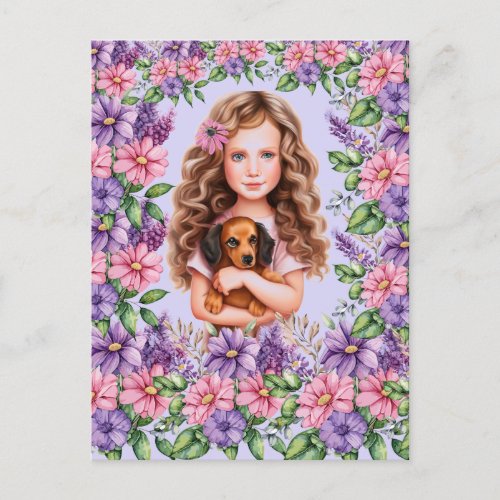 Lavender Girl with Dachshund Puppy  Postcard