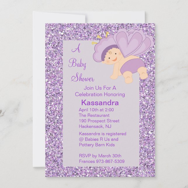 Lavender Glitter Baby Butterfly Shower Invite (Front)