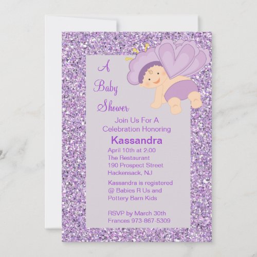 Lavender Glitter Baby Butterfly Shower Invite