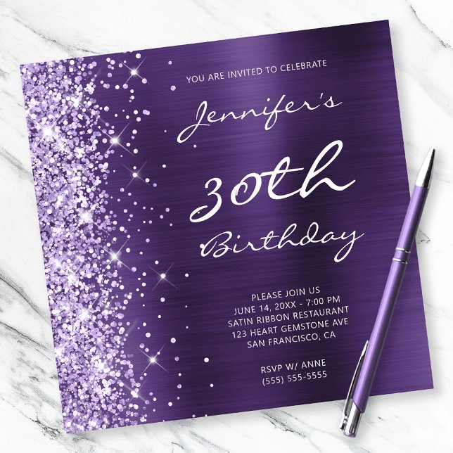 Lavender Glitter Dark Violet Foil 30th Birthday Invitation (Creator Uploaded)