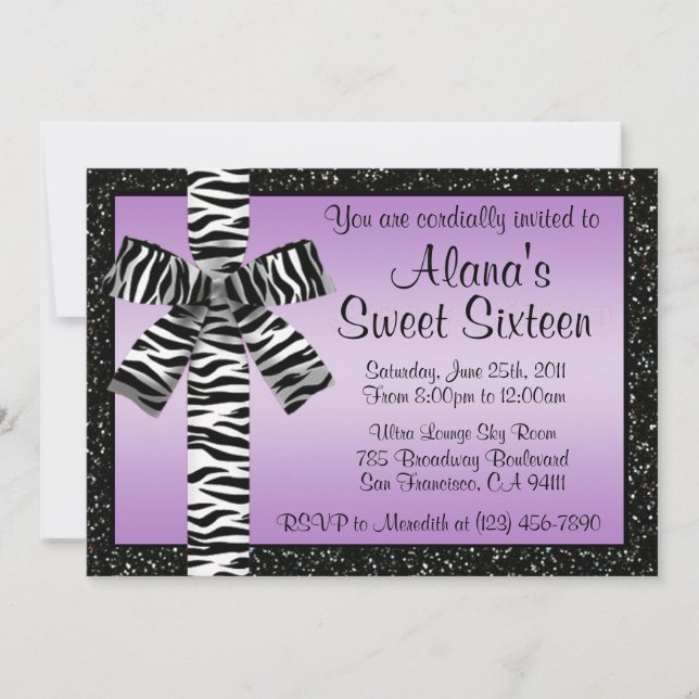 Lavender Glitter Invite With Zebra Print Bow (Front)