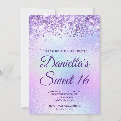 Lavender Glitter Iridescent Foil Sweet 16 Invitation