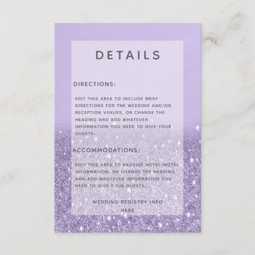 Lavender Glitter Modern Wedding Details Enclosure Card